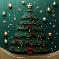 Festively decorated Christmas tree with ornaments and stars against a green background Generative AI