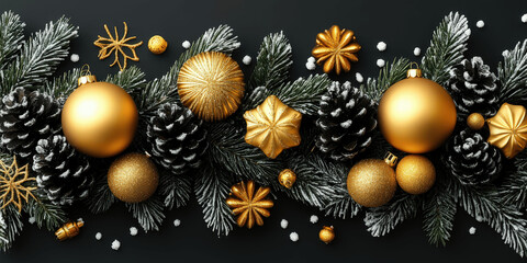 Beautiful gold ornaments and pinecones on a festive Christmas arrangement with frosted greenery and decorations Generative AI