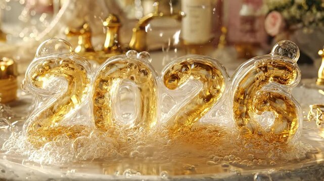 A Luxurious Golden 2026 Celebration with Bubbles and Sparkling Accents Captured in an Upscale Bath Setting