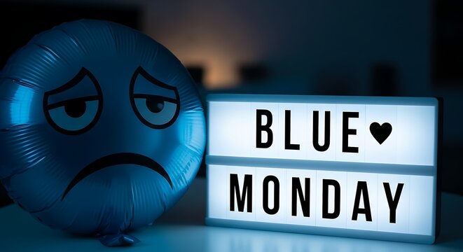 Sad blue balloon and a lightbox with text blue monday in dark setting - Powered by Adobe