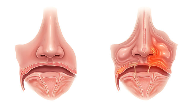 Nasal polyps illustration, before and after treatment nose sinus