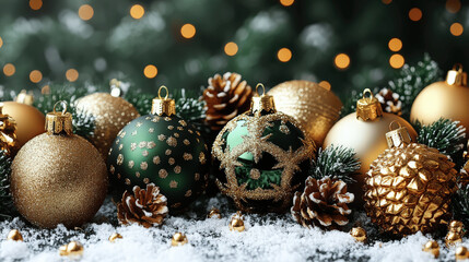 Festive holiday decorations with colorful ornaments and pinecones on a snowy surface Generative AI