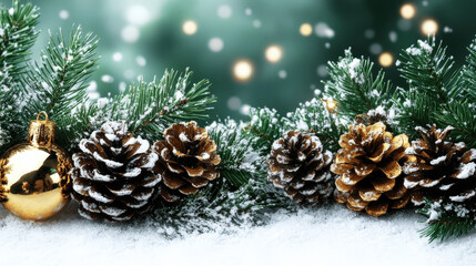 Festive winter arrangement of pinecones, ornaments, and snow with soft lights in the background during the holiday season Generative AI