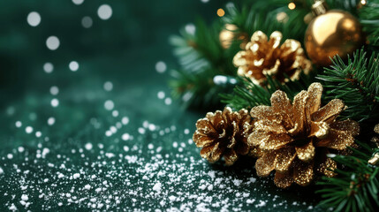 Festive holiday decorations featuring golden ornaments and pinecones on a snowy green background Generative AI