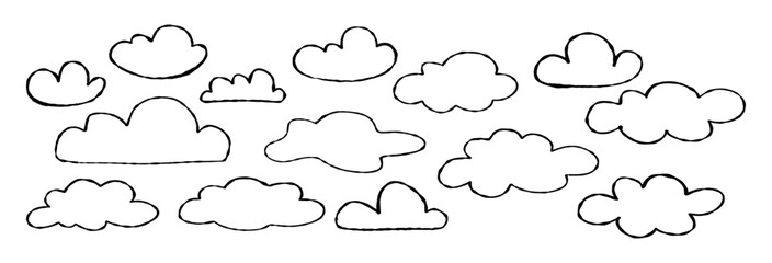 Outline Crayon Clouds set. Curvature Chalk Textured Freeform Hand Drawn. Isolated Childish naive Doodles on White Background. Vector illustration. Not AI
