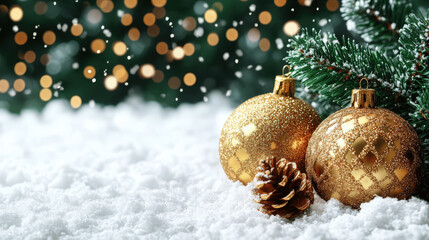 Golden ornaments and pine cone decorate a snowy scene for a festive winter celebration Generative AI