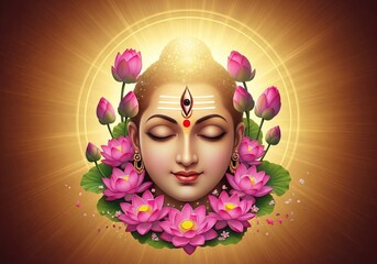 Illustration of a serene face surrounded by pink lotus flowers and a glowing golden light halo effect