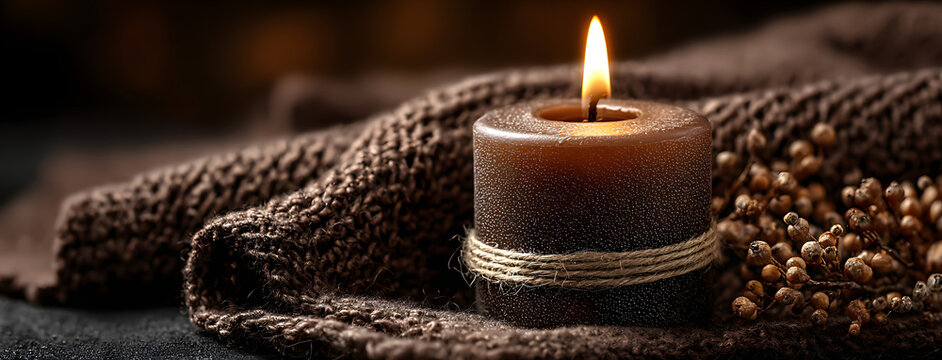 Erster Advent, eine Kerze - Kerzenschein auf dunkelbraunem Panorama Hintergrund - Adventszeit Banner. Horizontaler Banner f&uuml;r Homepage. Vorlage f&uuml;r Gru&szlig;karten, Trauerkarten und Traueranzeigen.