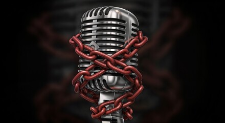 ban on freedom of speech, censorship, Vintage microphone wrapped in heavy chains