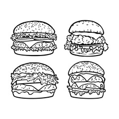 Burger hand drawn collection, cheeseburger outline, fast food logo, sandwich graphic, snack meal vector, restaurant symbol, junk food design, tasty burger illustration