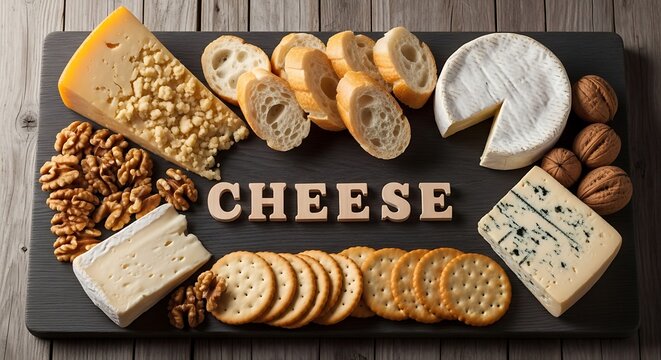 Gourmet cheese board with crackers, bread, nuts, and various cheese types