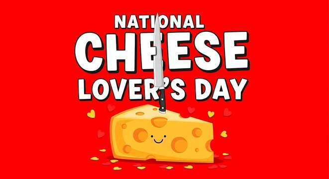 National cheese lovers day text with a slice of cheese and a knife on a red background