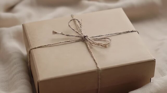 Beige Square Gift Box Tied with Twine on White Textured Fabric Close Up Shot