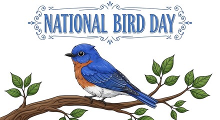 Eastern bluebird perched on a branch with green leaves, celebrating national bird day