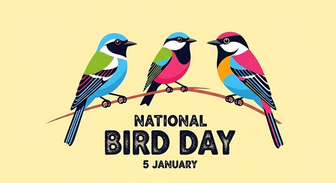 Three colorful pixel art birds perched on a branch celebrating national bird day on january 5th - Powered by Adobe