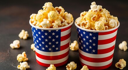 Two buckets of popcorn decorated with american flags on a dark surface, perfect for patriotic celebrations