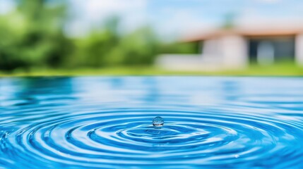 Close-Up of Water Droplet Creating Ripples on Surface with Blurred Background of Greenery and House Architecture