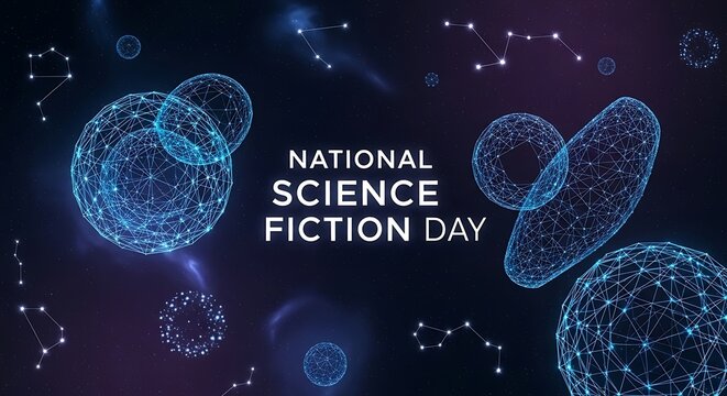 Abstract glowing blue particles and constellations celebrating national science fiction day
