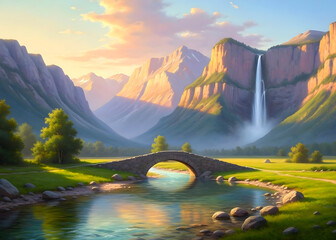 Landscape painting with a river, a stone bridge, and mountains in the valley