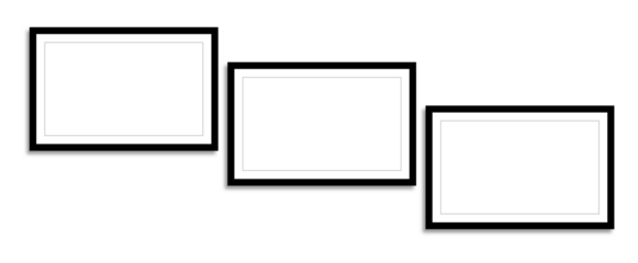 Set of three horizontal picture frames in tilted arrangement, modern wall gallery display, vector art mockup for interior decor