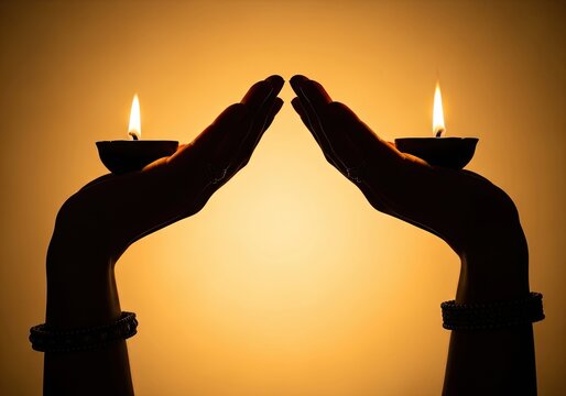 Two hands holding lit diyas in a dark silhouette against a warm golden background with bracelets