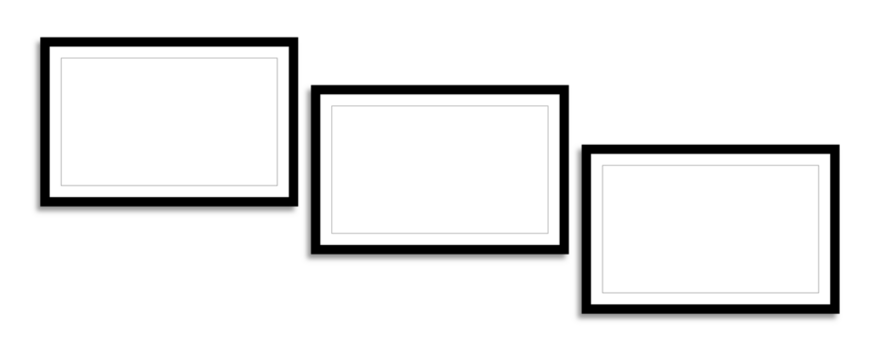 Set of three horizontal picture frames in tilted arrangement, modern wall gallery display, vector art mockup for interior decor