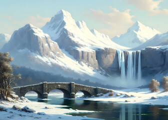 Winter landscape painting with a waterfall, mountains, and a river with a stone bridge