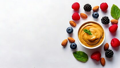 peanut butter, raspberries, mixed berries, and a bowl of peanut butter with a creamy texture