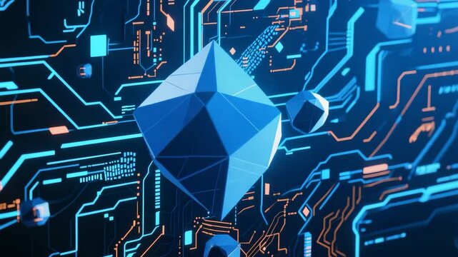 Abstract digital landscape featuring polygonal 3D shapes floating over illuminated circuit lines, symbolizing advanced technology, data networks, and innovation in virtual environments.