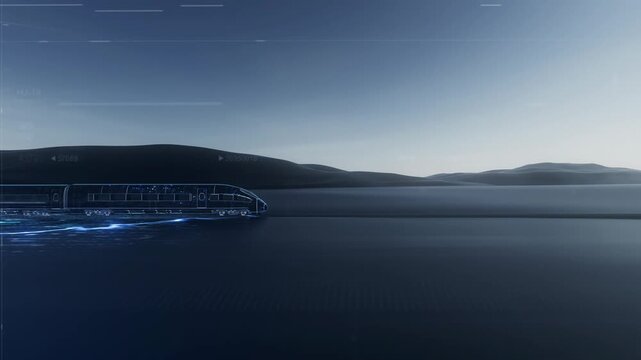 The train and high-speed rail are moving forward, with holographic projection technology effects