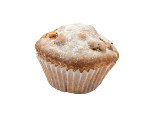 Close-Up of a Homemade Muffin Dusted with Powdered Sugar on a Transparent Background