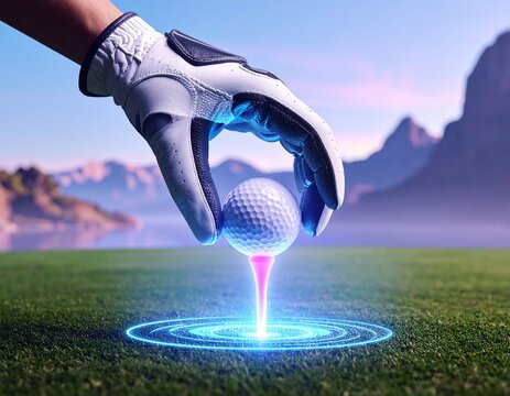 홀로그램 티 위에 골프공을 올려놓는 미래적인 골프 장면 Futuristic golf scene with glove placing ball on holographic tee - Powered by Adobe