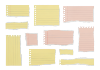 Collection of torn paper pieces isolated on transparent background