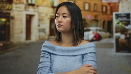 Young chinese woman with serious expression standing on a city street, wearing a blue sweater and looking away, with blurred urban background.