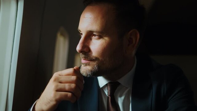 Pensive successful businessman in a suit sitting by the window, contemplating and smiling while traveling in first class, perhaps on a private jet or luxury train for a business trip