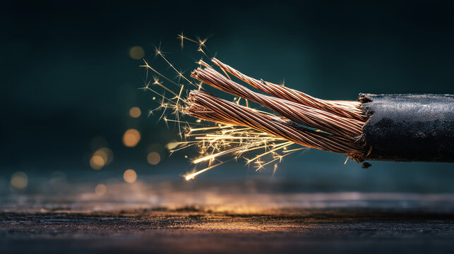 severed. Severed electrical cable with sparks from exposed copper wires. product launch decks, UI/UX mockups, designed for product launches and innovation pitches, highlights innovation.
