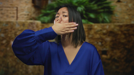 Woman outside in urban area wearing blue shirt covering face with hand looking pensive on city street landscaped with greenery and stone walls during daytime.