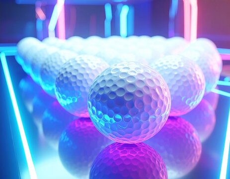 홀로그램 조명 아래 정렬된 미래형 발광 골프공 Futuristic glowing golf balls aligned under neon holographic lights
