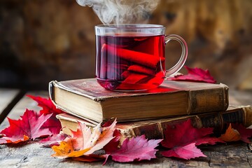 A stack of vintage books on a wooden table, with a steaming mug of tea resting on top and scattered maple leaves in shades of red and gold around the base 