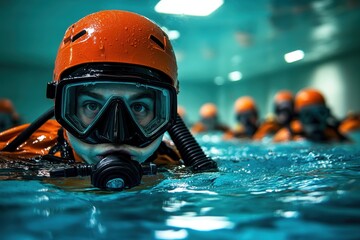 Scuba diving training session for lifeguards focused on detecting individuals in submerged environments during a controlled indoor setting