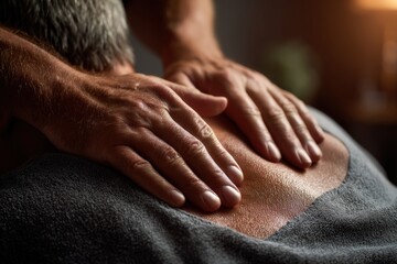 Fototapeta premium Male massage therapist using hands to provide therapeutic treatment on a client's back, showcasing relaxation and wellness in a serene environment with soft lighting
