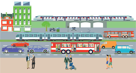 Stadtsilhouette mit autos, &ouml;ffentliche verkehrsmittel, Stadtbahn, Metro,  Illustration Adobe Illustrator Artwork