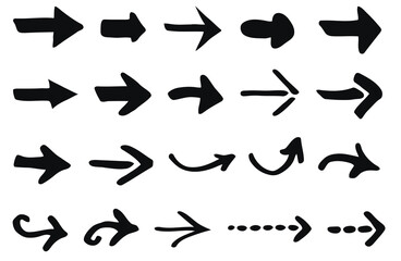 Collection of black arrows in multiple directions and styles. Isolated straight, curved, and U-turn arrows for complete navigation needs. Versatile set for any design project or interface.
