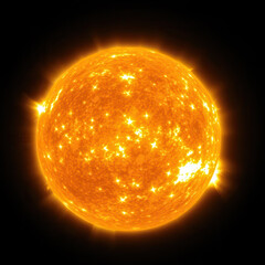 Massive glowing sun sphere with visible surface activity and solar flares against black space. Scientific visualization of stellar phenomena with intense orange-yellow plasma.
