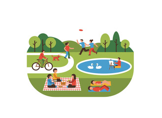 Obraz premium A colorful cartoon illustration shows a variety of people in a park engaging in leisure activities such as playing ball, walking dogs, practicing yoga, exercising, painting, having lunch, and