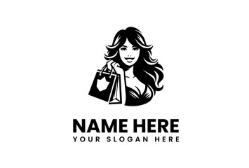 Elegant woman with shopping bag vector logo design, portraying a happy and stylish female consumer for fashion boutique branding, retail, and beauty businesses