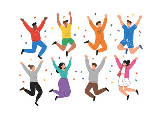 Fototapeta premium A horizontal banner showcasing cheerful people, with young men and women leaping, rendered as a colorful flat-style vector illustration