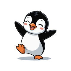 Happy Dancing Cartoon Penguin, Cute Cheerful Penguin Mascot, Joyful Penguin with Arms Up Illustration, Chibi Penguin Character, vector, illustration.