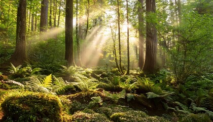 Obraz premium Sunlight Streams Through A Lush Forest
