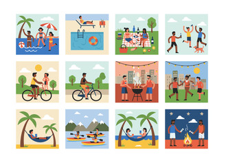 Fototapeta premium A vibrant flat‑cartoon vector illustration showcasing a range of summer vacation activities—hiking, swimming, sunbathing, diving, and sightseeing—captured during an adventurous trip or journey